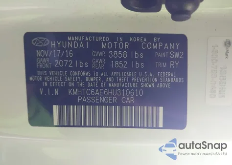 2017 Hyundai Veloster Turbo from USA, damaged, VIN KMHTC6AE6HU310610